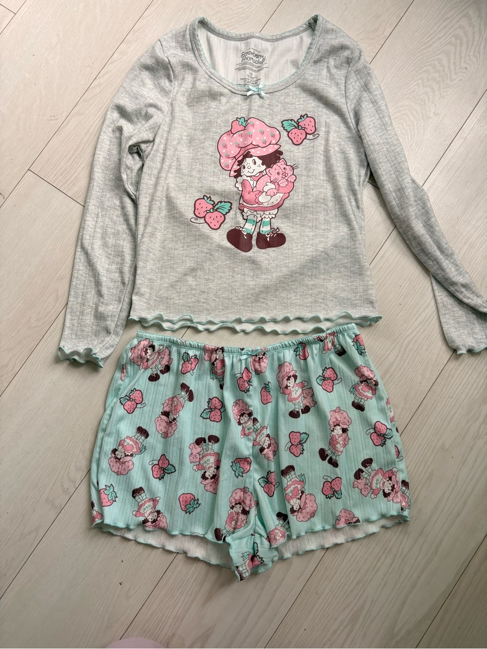 Large Strawberry Character Long Sleeve & Shorts ladies Pajama Set - Pink & Mint